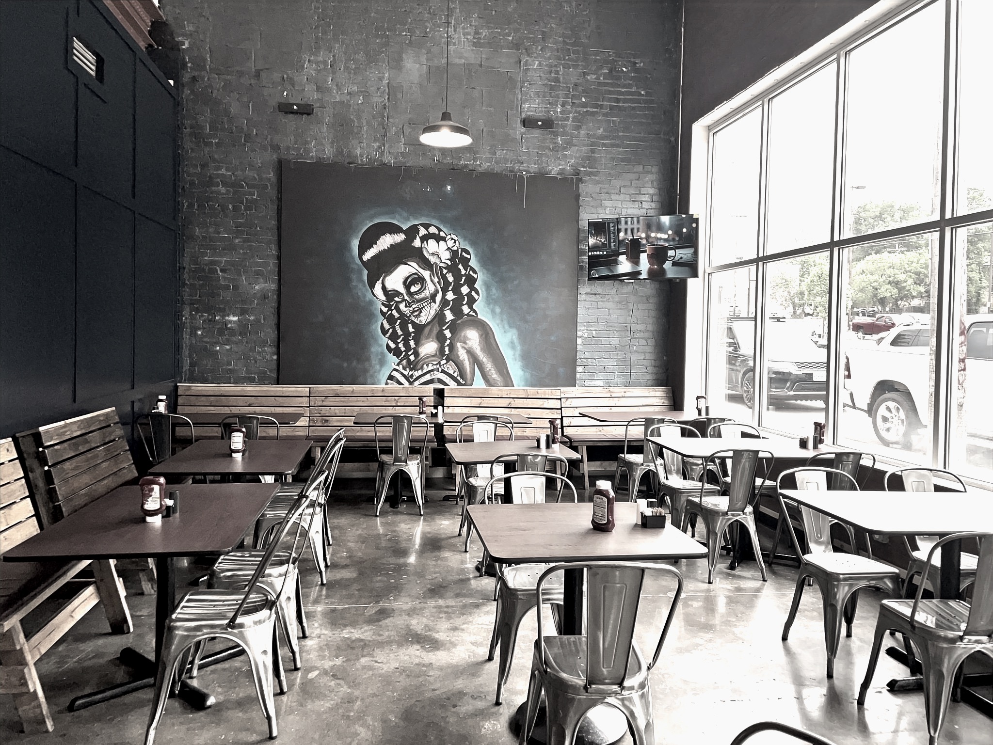 Día de los Muertos Catrina mural in the dining room of Sunrise on 39th, Midtown Kansas City brunch restaurant